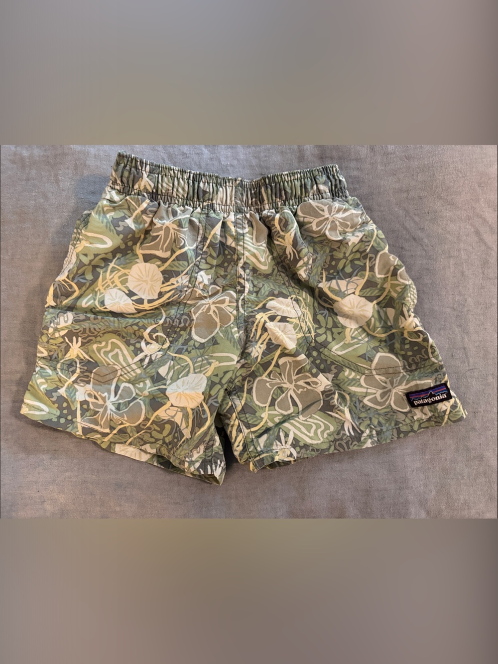 Patagonia Olive and Cream Tropical Print Swim Shorts